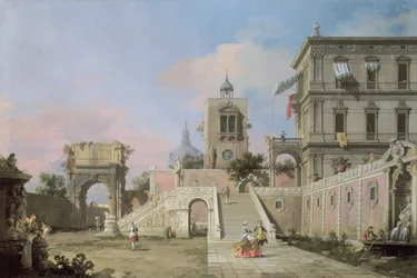 Capriccio of twin flights of steps leading to a palazzo, c.1750